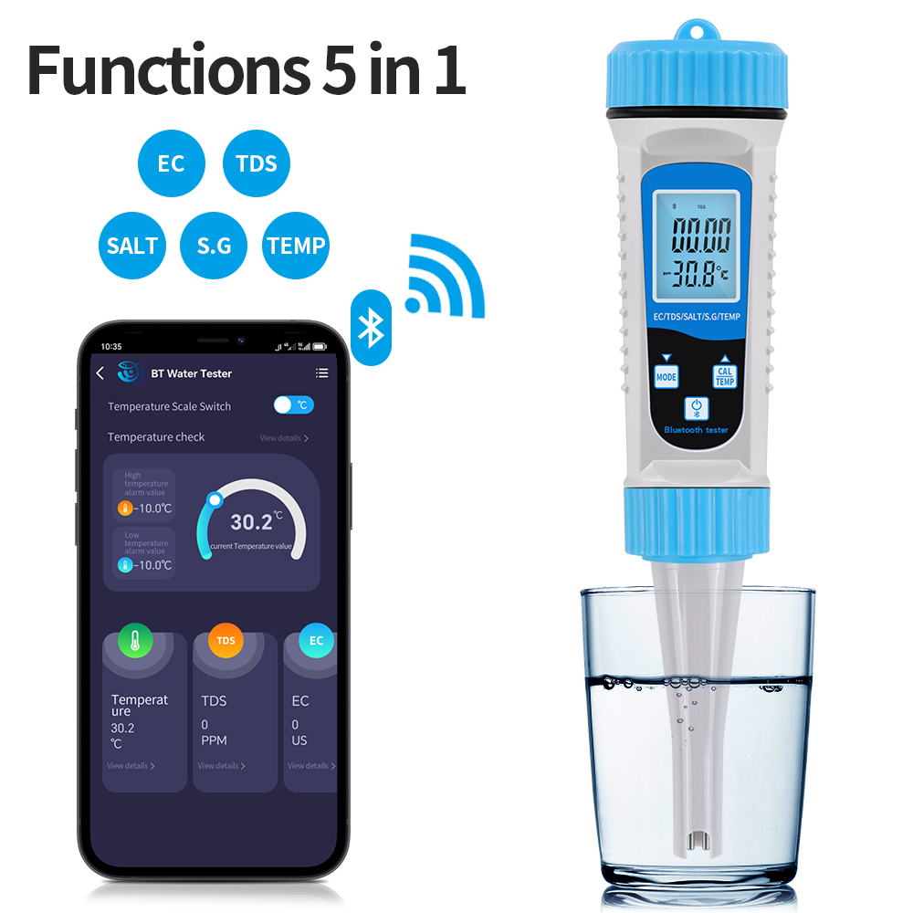 Ec Meter Digital - 5-in-1-Bluetooth-Wasserqualitätstester TDS/S.G/Salzgehalt/Temp/EC-Messgerät für Hydrokultur-Aquarien, Pools, Wasserqualitätsdetektor