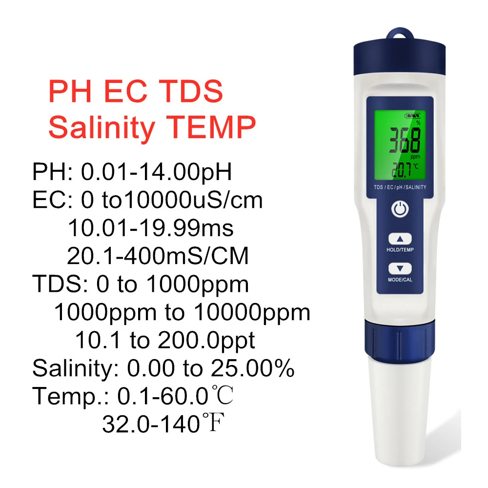 Ec Meter Digital - 5-in-1 digitales PH TDS EC-Messgerät, Salzgehalt,
