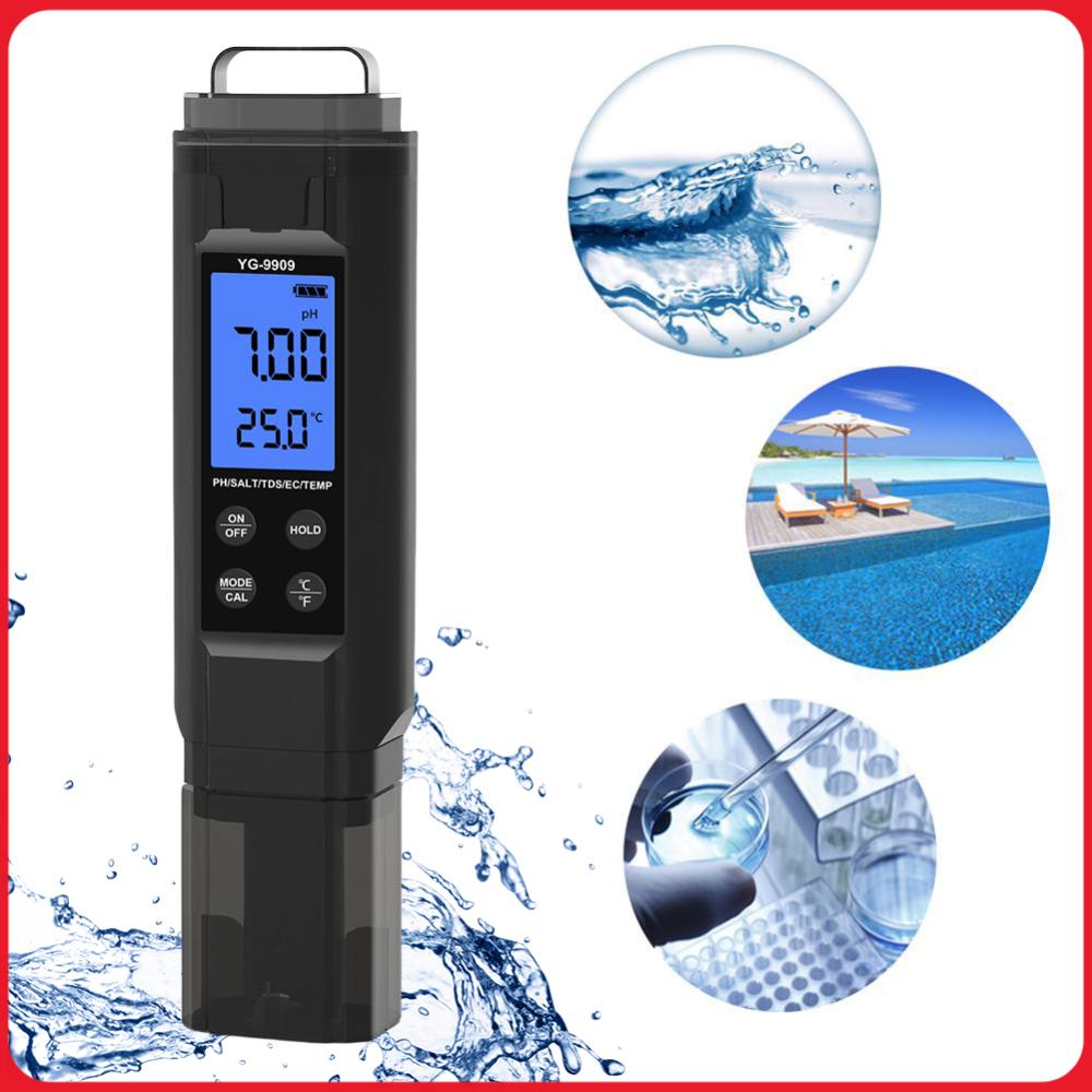 Ec Meter Digital - 5-in-1 Digitaler Wasserqualitätstester-Stift TDS/EC/Temperatur/Salzgehalt/pH-Meter für Trinkwasser/Aquarien/Hydroponik/Schwimmbäder